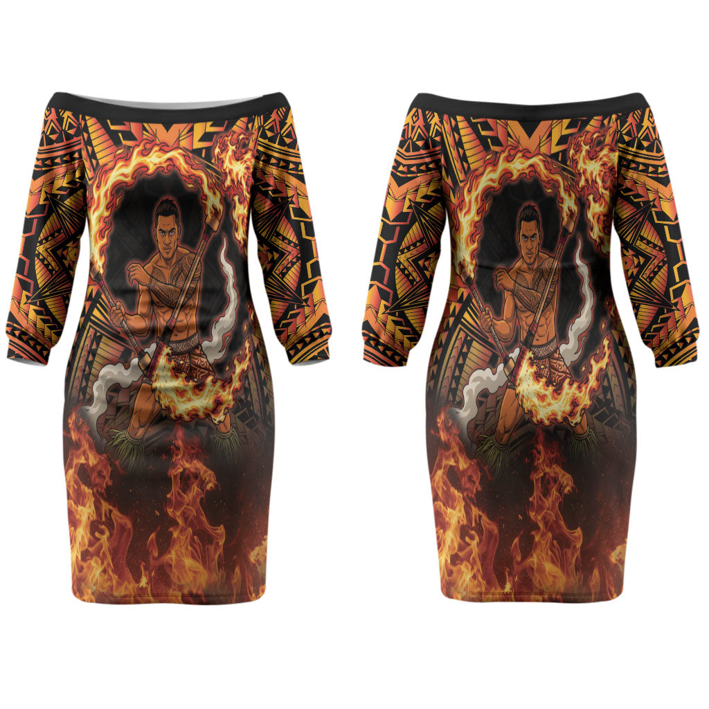 Samoa Siva Afi Dance Fireknife Family Matching Off The Shoulder Long Sleeve Dress and Hawaiian Shirt Samoan Tribal Motif Dancing in the Fire
