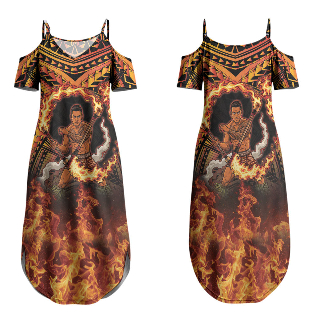 Samoa Siva Afi Dance Fireknife Family Matching Summer Maxi Dress and Hawaiian Shirt Samoan Tribal Motif Dancing in the Fire