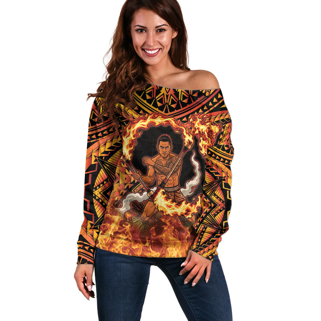 Samoa Siva Afi Dance Fireknife Off Shoulder Sweater Samoan Tribal Motif Dancing in the Fire LT9 Women Red - Polynesian Pride