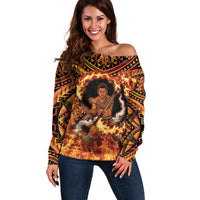Samoa Siva Afi Dance Fireknife Off Shoulder Sweater Samoan Tribal Motif Dancing in the Fire