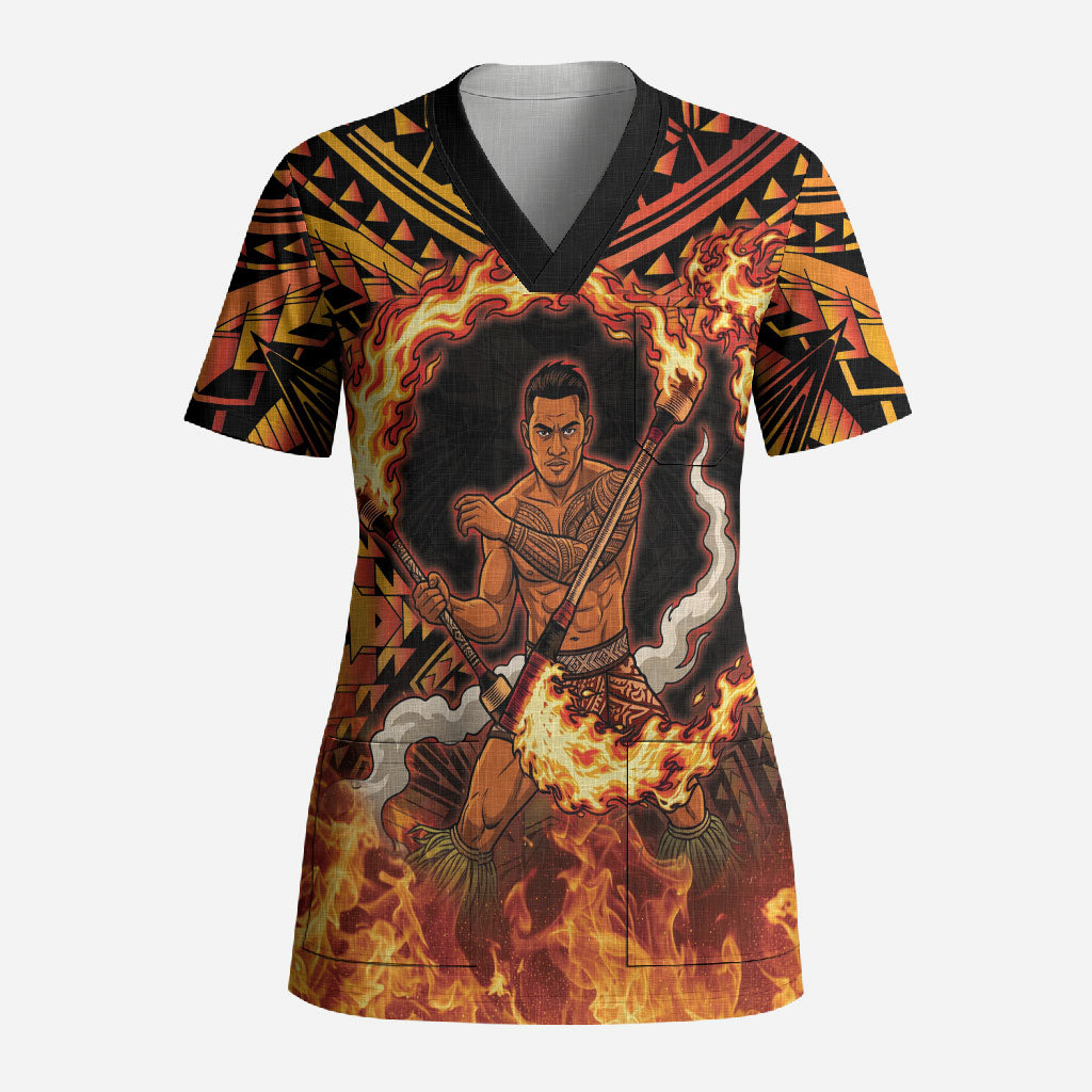 Samoa Siva Afi Dance Fireknife Scrub Top Samoan Tribal Motif Dancing in the Fire