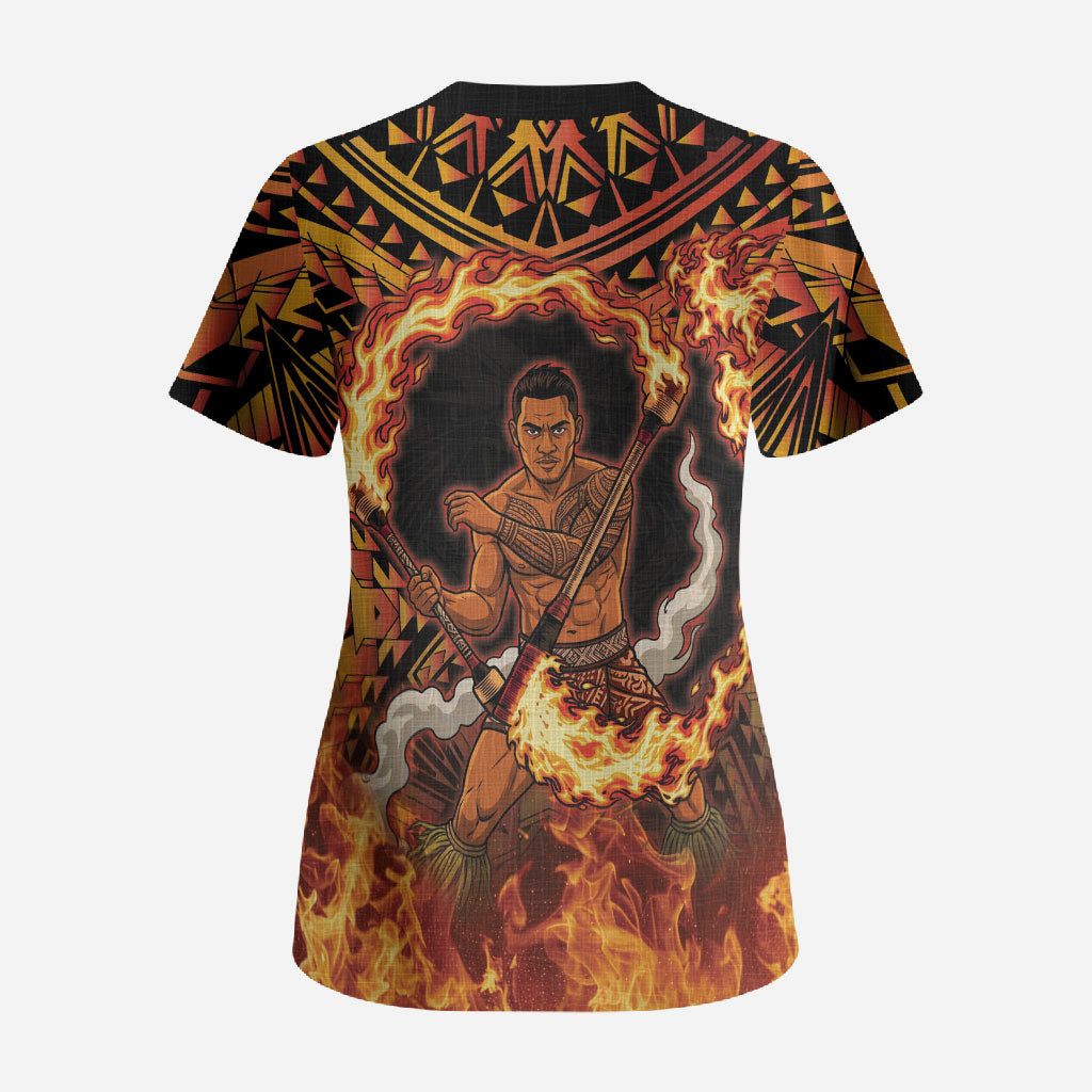 Samoa Siva Afi Dance Fireknife Scrub Top Samoan Tribal Motif Dancing in the Fire