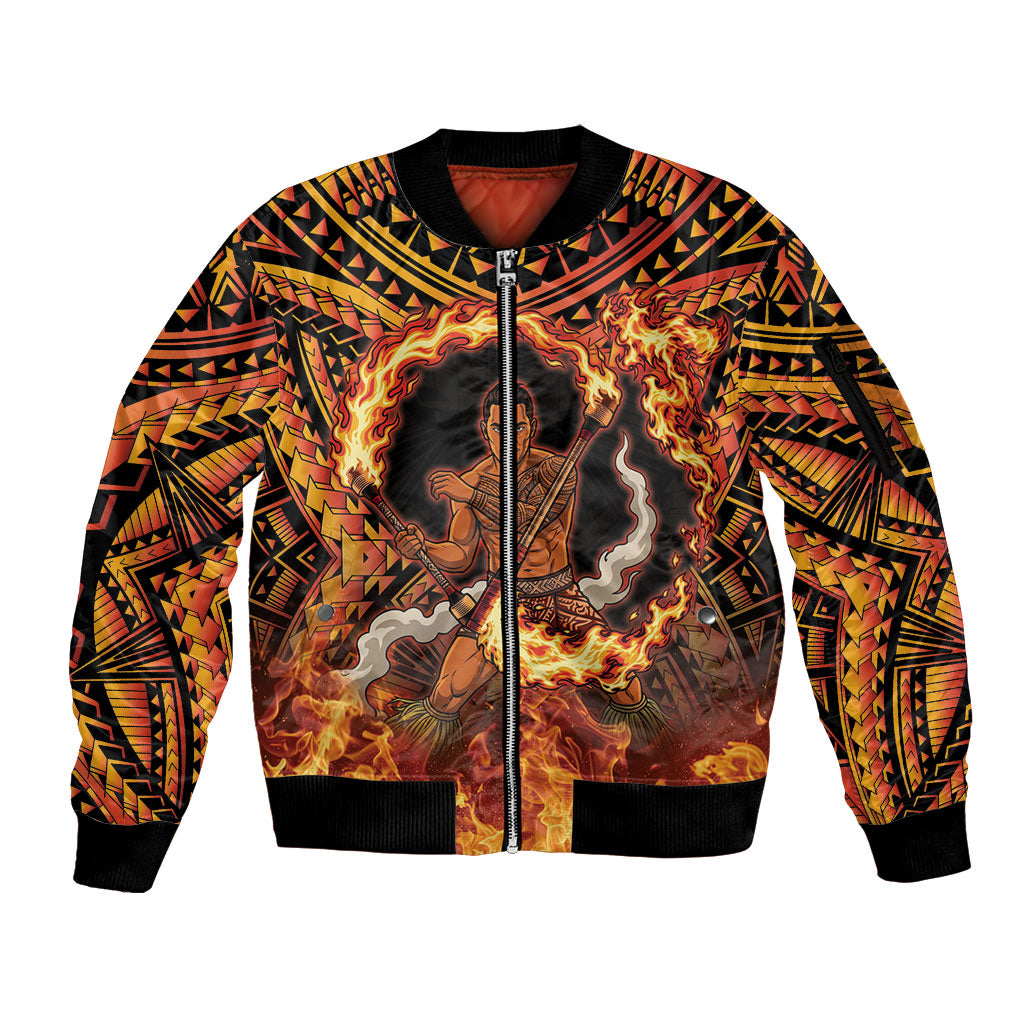 Samoa Siva Afi Dance Fireknife Sleeve Zip Bomber Jacket Samoan Tribal Motif Dancing in the Fire