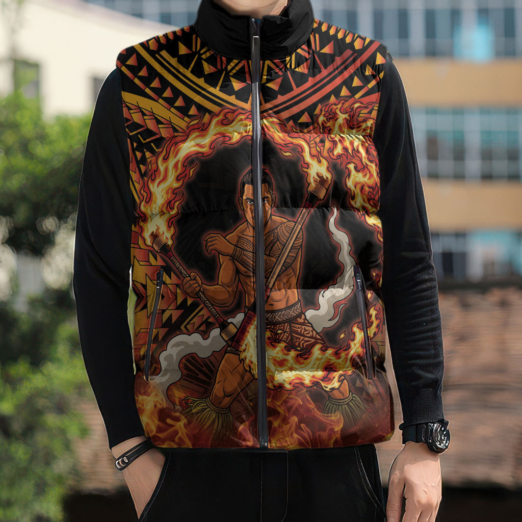 Samoa Siva Afi Dance Fireknife Sleeveless Puffer Jacket Samoan Tribal Motif Dancing in the Fire