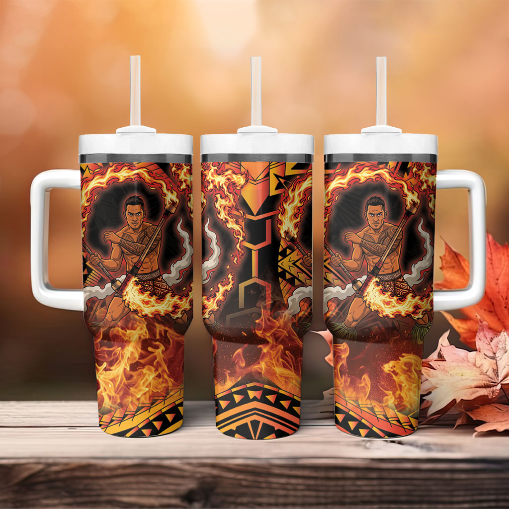 Samoa Siva Afi Dance Fireknife Tumbler With Handle Samoan Tribal Motif Dancing in the Fire