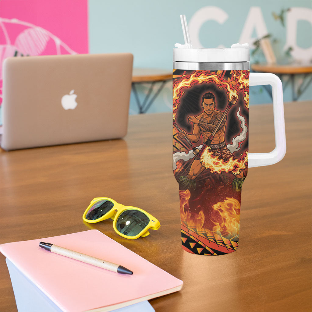 Samoa Siva Afi Dance Fireknife Tumbler With Handle Samoan Tribal Motif Dancing in the Fire