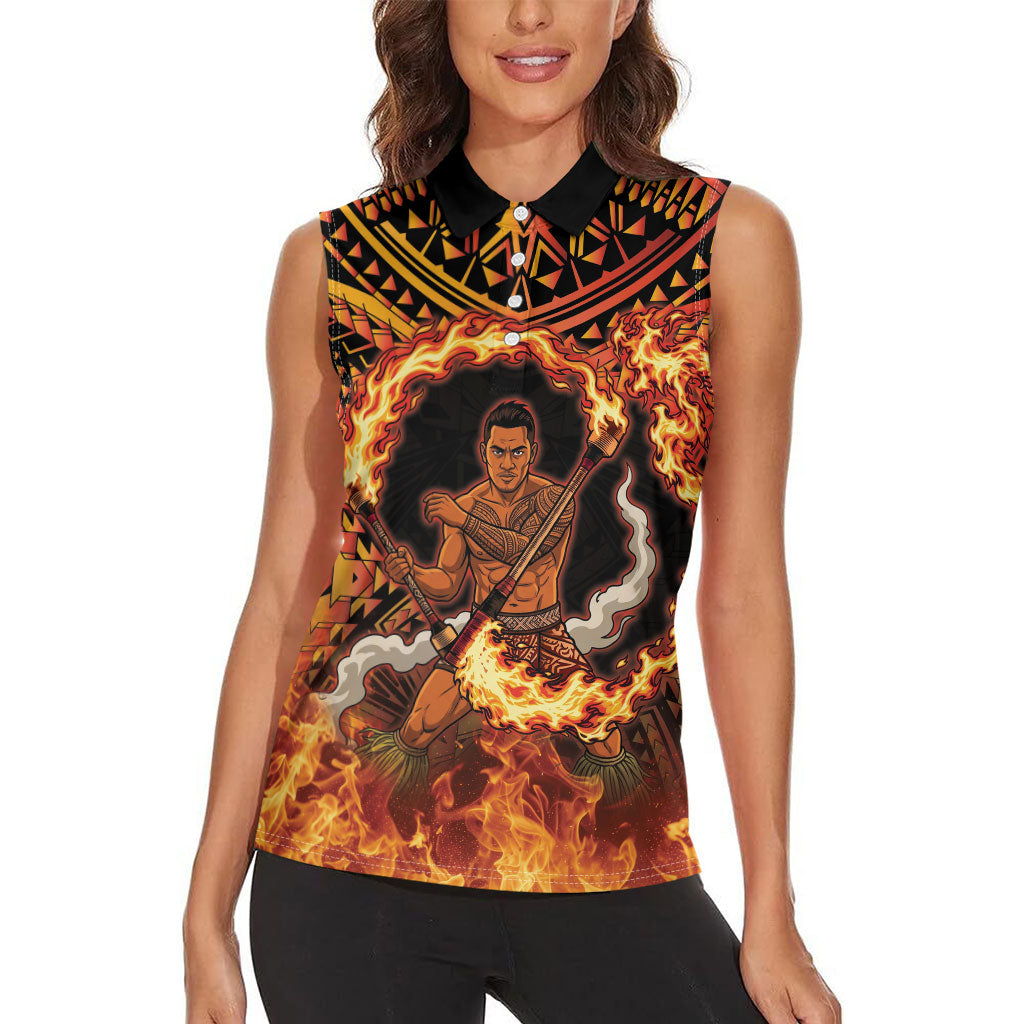 Samoa Siva Afi Dance Fireknife Women Sleeveless Polo Shirt Samoan Tribal Motif Dancing in the Fire
