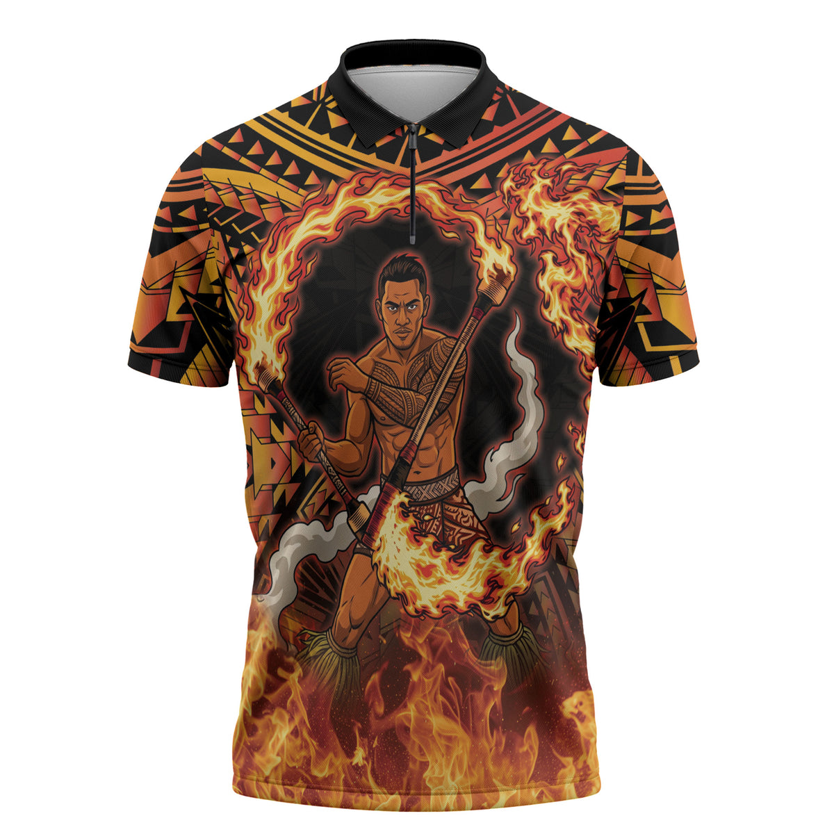 Samoa Siva Afi Dance Fireknife Zipper Polo Shirt Samoan Tribal Motif Dancing in the Fire