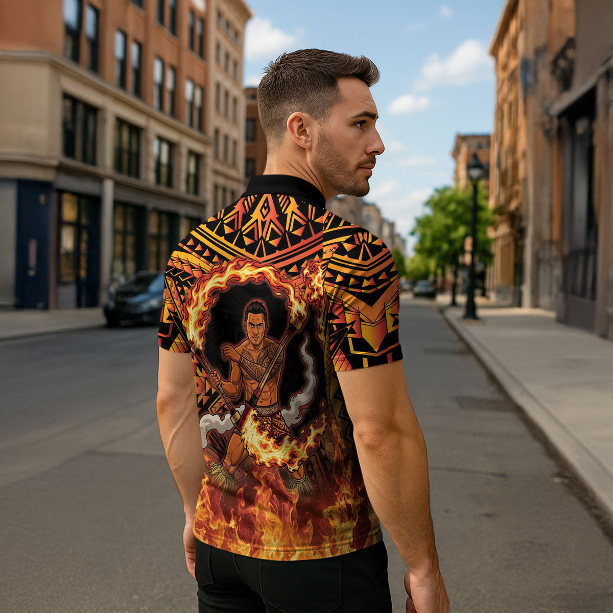 Samoa Siva Afi Dance Fireknife Zipper Polo Shirt Samoan Tribal Motif Dancing in the Fire