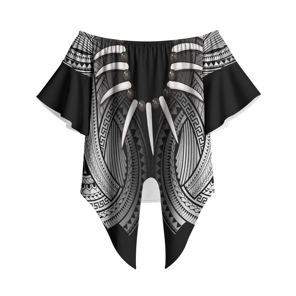 Samoan Ula Nifo Afi Tribal Off Shoulder Wrap Waist Top Polynesian Pattern LT9 Black - Polynesian Pride