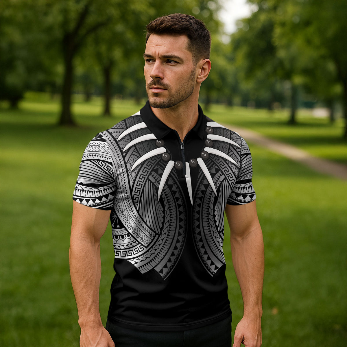 Samoan Ula Nifo Afi Tribal Zipper Polo Shirt Polynesian Pattern