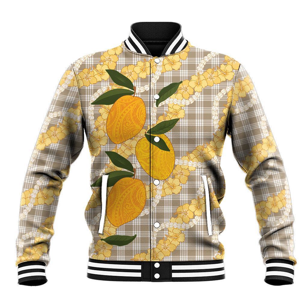 Maku'e Hawaiian Mango Palaka Baseball Jacket Aloha Hibiscus Pikake Lei
