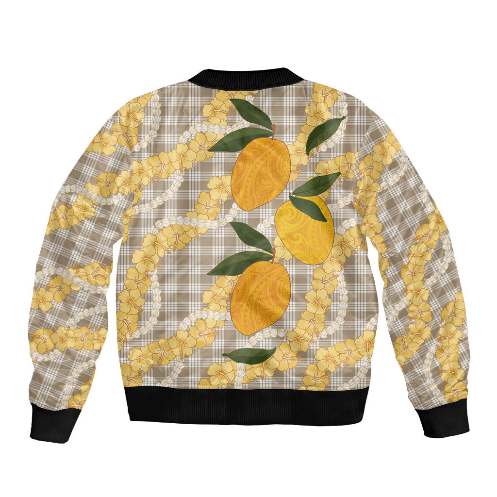 Maku'e Hawaiian Mango Palaka Bomber Jacket Aloha Hibiscus Pikake Lei
