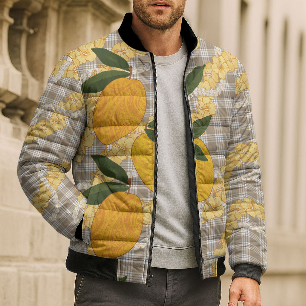 Maku'e Hawaiian Mango Palaka Bomber Puffer Jacket Aloha Hibiscus Pikake Lei