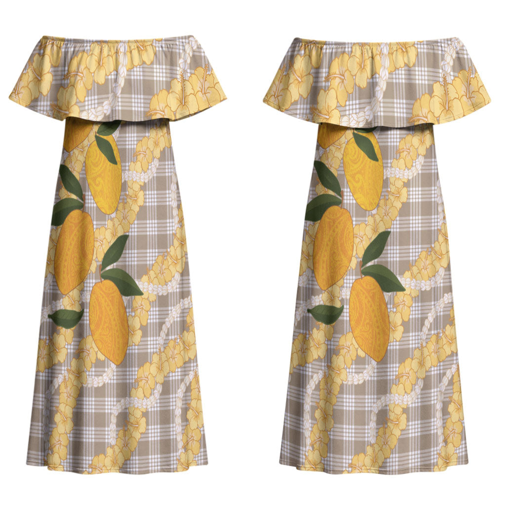 Maku'e Hawaiian Mango Palaka Couples Matching Off Shoulder Maxi Dress and Hawaiian Shirt Aloha Hibiscus Pikake Lei