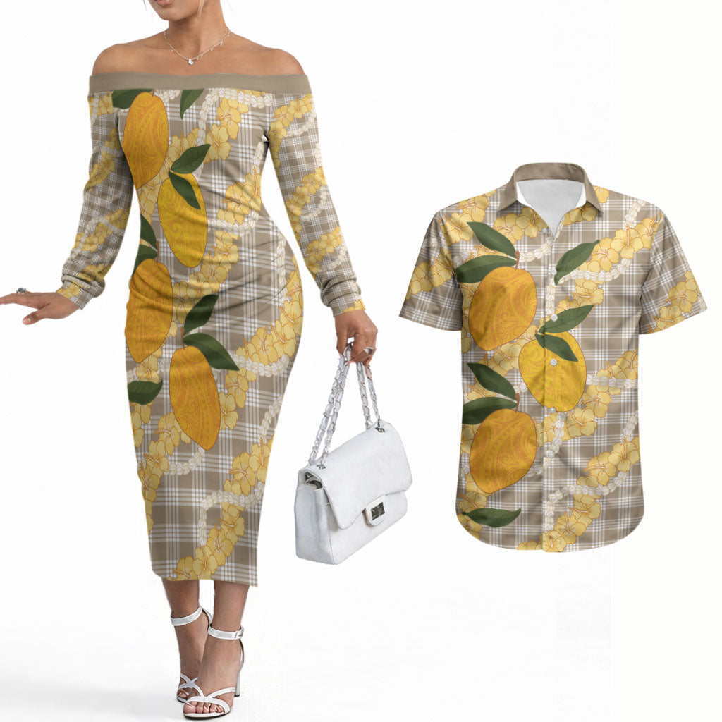 Maku'e Hawaiian Mango Palaka Couples Matching Off The Shoulder Long Sleeve Dress and Hawaiian Shirt Aloha Hibiscus Pikake Lei