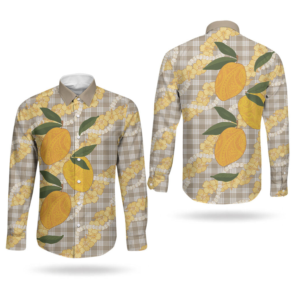 Maku'e Hawaiian Mango Palaka Couples Matching Short Sleeve Bodycon Dress and Long Sleeve Button Shirt Aloha Hibiscus Pikake Lei