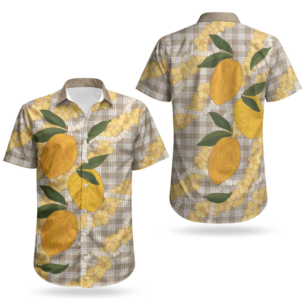 Maku'e Hawaiian Mango Palaka Couples Matching Tank Maxi Dress and Hawaiian Shirt Aloha Hibiscus Pikake Lei