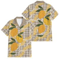 Maku'e Hawaiian Mango Palaka Family Matching Off Shoulder Short Dress and Hawaiian Shirt Aloha Hibiscus Pikake Lei