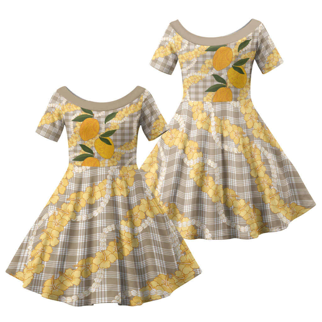 Maku'e Hawaiian Mango Palaka Family Matching Summer Maxi Dress and Hawaiian Shirt Aloha Hibiscus Pikake Lei