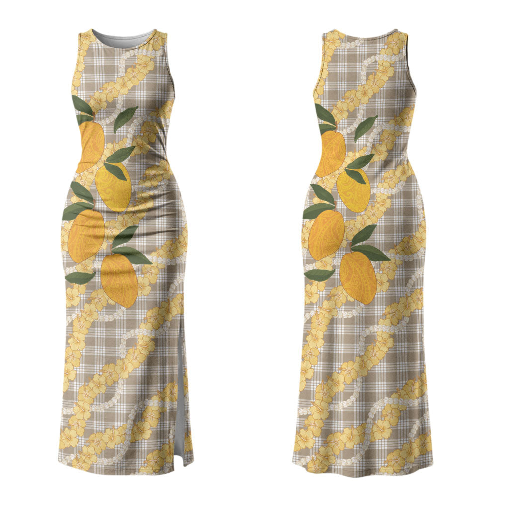 Maku'e Hawaiian Mango Palaka Family Matching Tank Maxi Dress and Hawaiian Shirt Aloha Hibiscus Pikake Lei