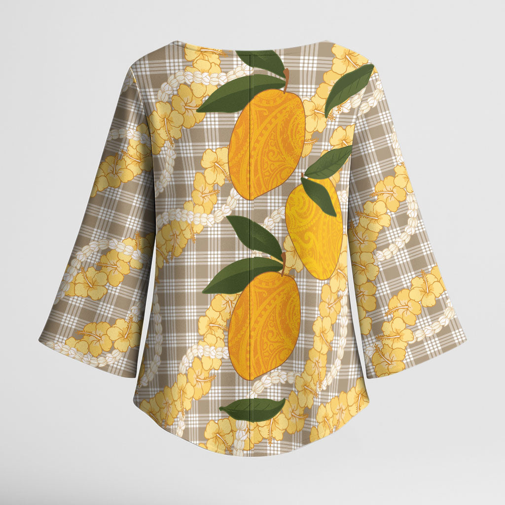 Maku'e Hawaiian Mango Palaka Kimono Sleeve Blouse Aloha Hibiscus Pikake Lei