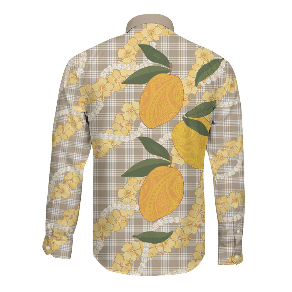 Maku'e Hawaiian Mango Palaka Long Sleeve Button Shirt Aloha Hibiscus Pikake Lei