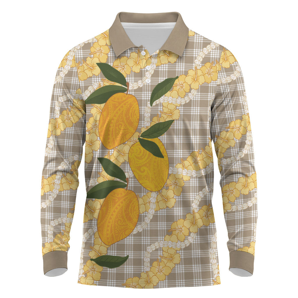 Maku'e Hawaiian Mango Palaka Long Sleeve Polo Shirt Aloha Hibiscus Pikake Lei