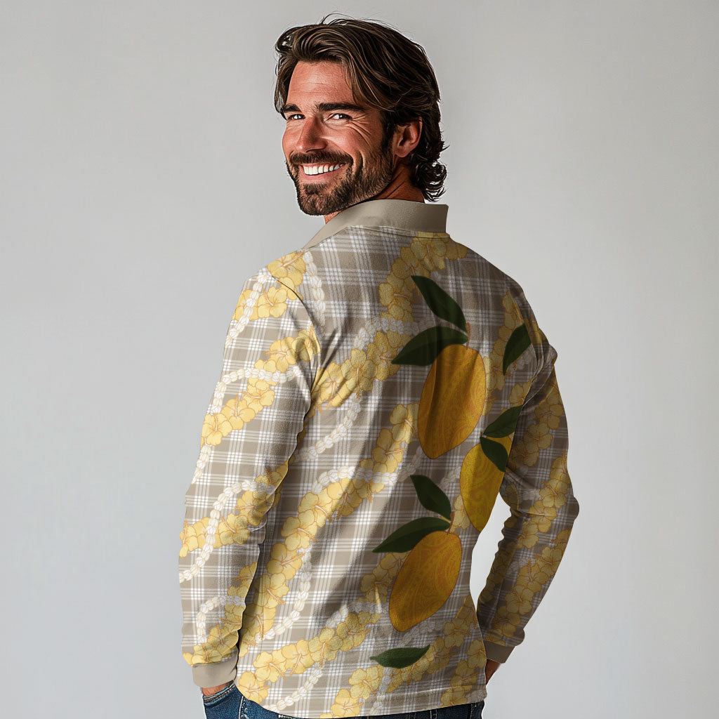 Maku'e Hawaiian Mango Palaka Long Sleeve Polo Shirt Aloha Hibiscus Pikake Lei