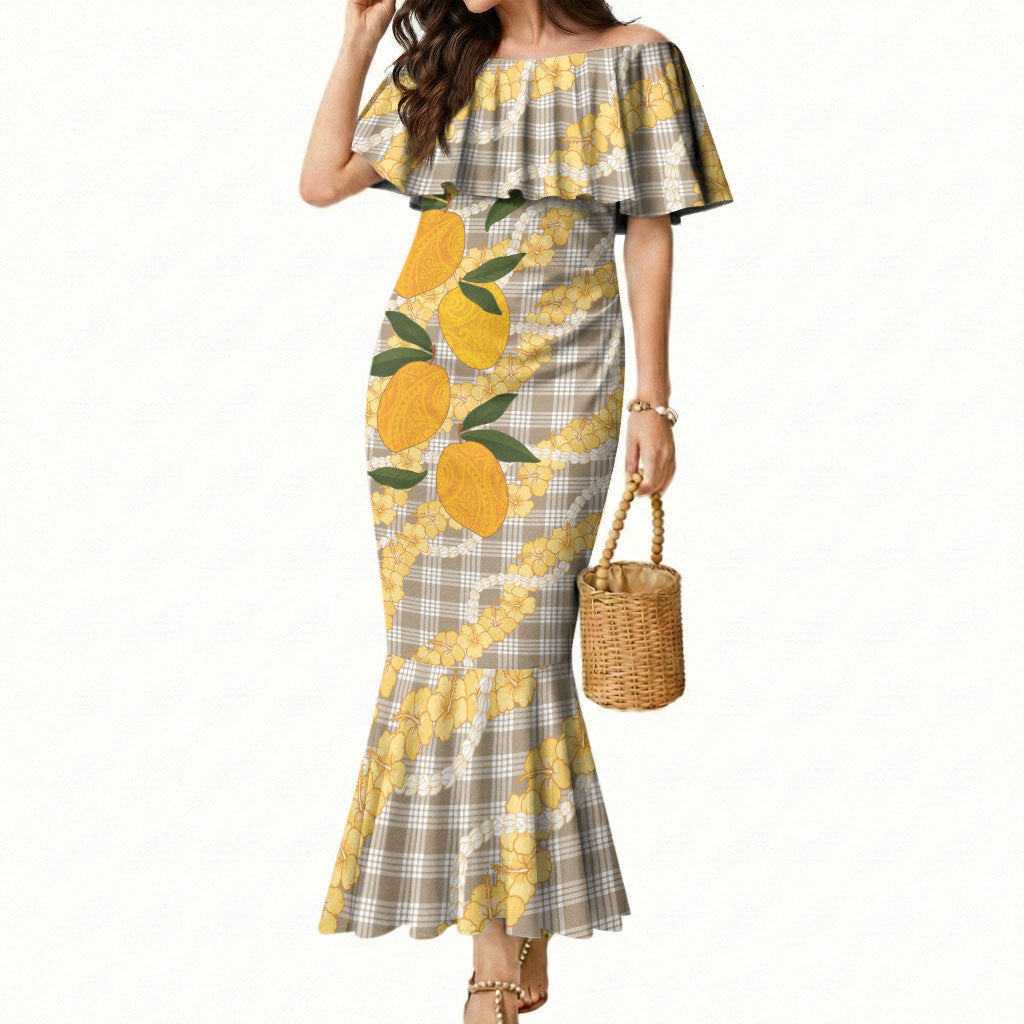 Maku'e Hawaiian Mango Palaka Mermaid Dress Aloha Hibiscus Pikake Lei