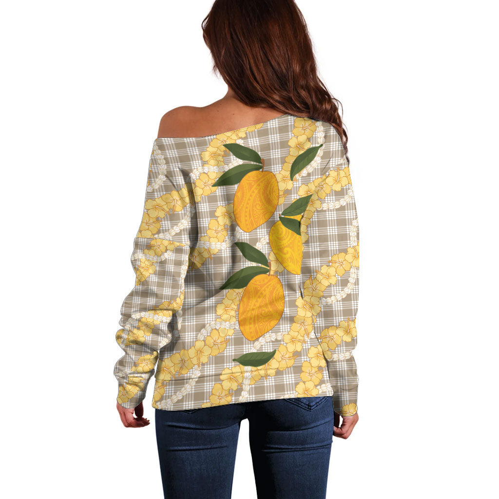 Maku'e Hawaiian Mango Palaka Off Shoulder Sweater Aloha Hibiscus Pikake Lei