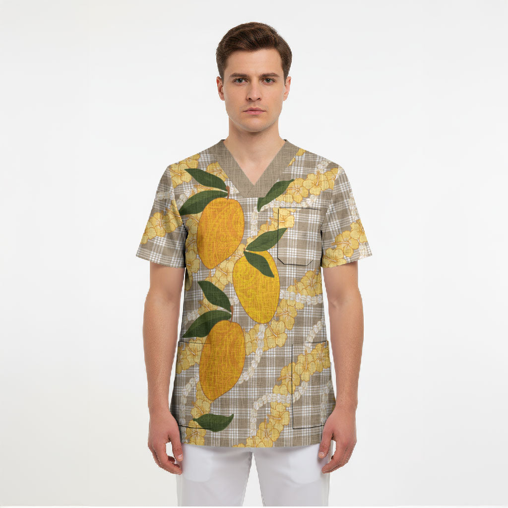Maku'e Hawaiian Mango Palaka Scrub Top Aloha Hibiscus Pikake Lei
