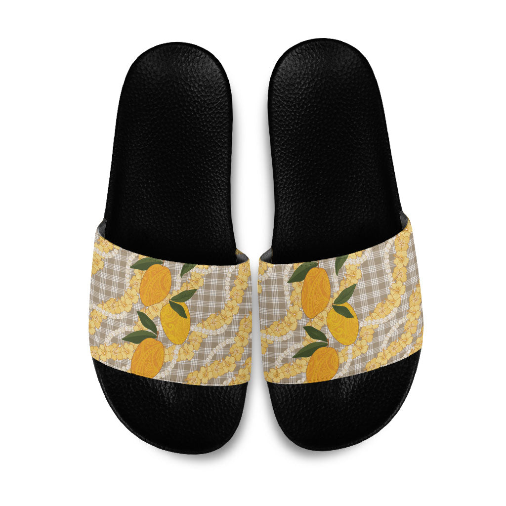 Maku'e Hawaiian Mango Palaka Slide Sandals Aloha Hibiscus Pikake Lei