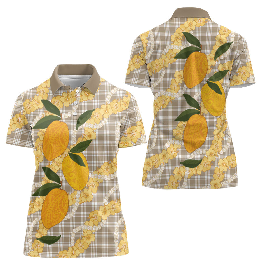 Maku'e Hawaiian Mango Palaka Women Polo Shirt Aloha Hibiscus Pikake Lei