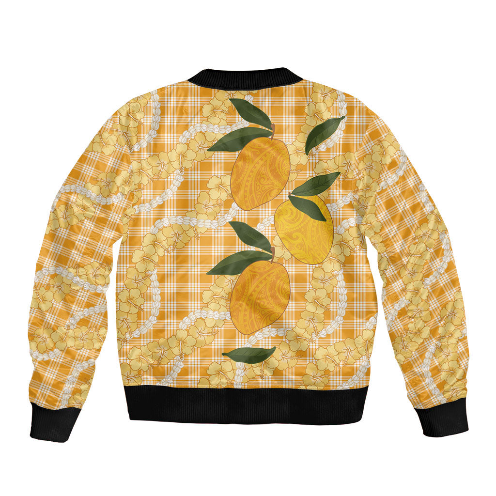 Alani Hawaiian Mango Palaka Bomber Jacket Aloha Hibiscus Pikake Lei