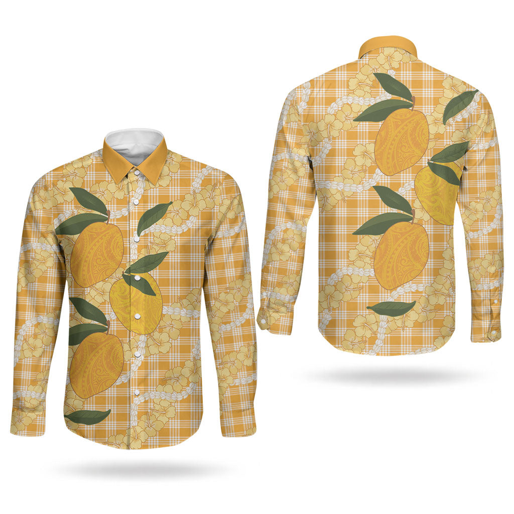Alani Hawaiian Mango Palaka Couples Matching Long Sleeve Bodycon Dress and Long Sleeve Button Shirt Aloha Hibiscus Pikake Lei