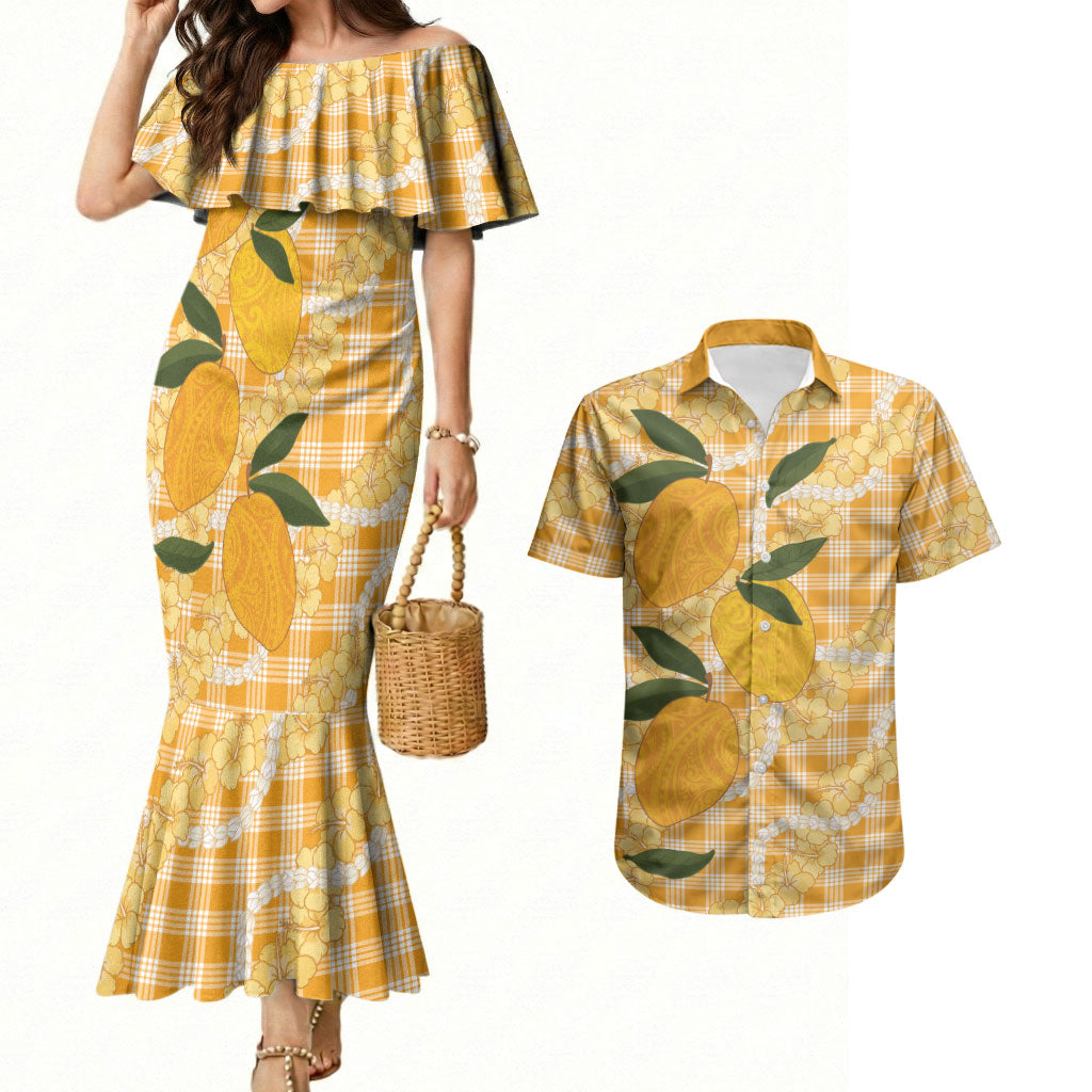 Alani Hawaiian Mango Palaka Couples Matching Mermaid Dress and Hawaiian Shirt Aloha Hibiscus Pikake Lei