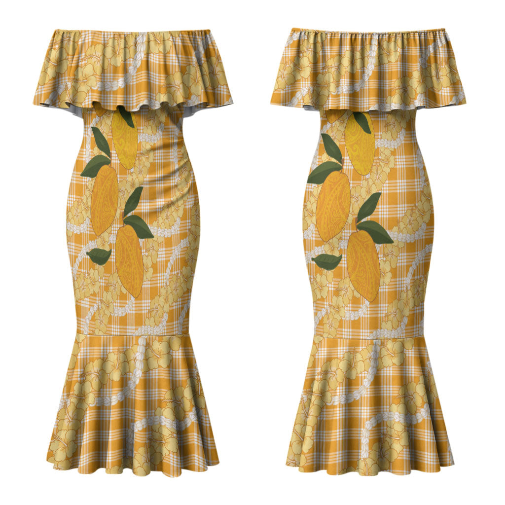 Alani Hawaiian Mango Palaka Couples Matching Mermaid Dress and Hawaiian Shirt Aloha Hibiscus Pikake Lei