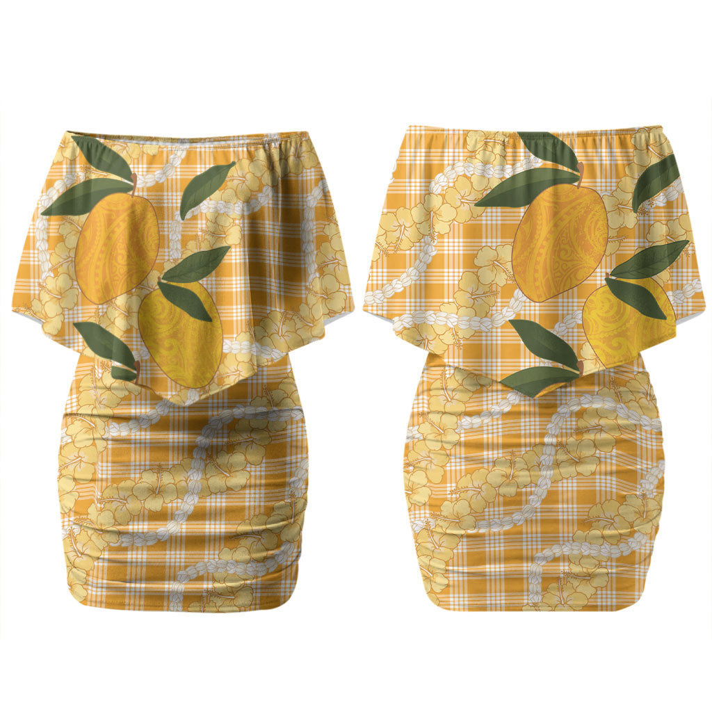 Alani Hawaiian Mango Palaka Couples Matching Off Shoulder Short Dress and Hawaiian Shirt Aloha Hibiscus Pikake Lei