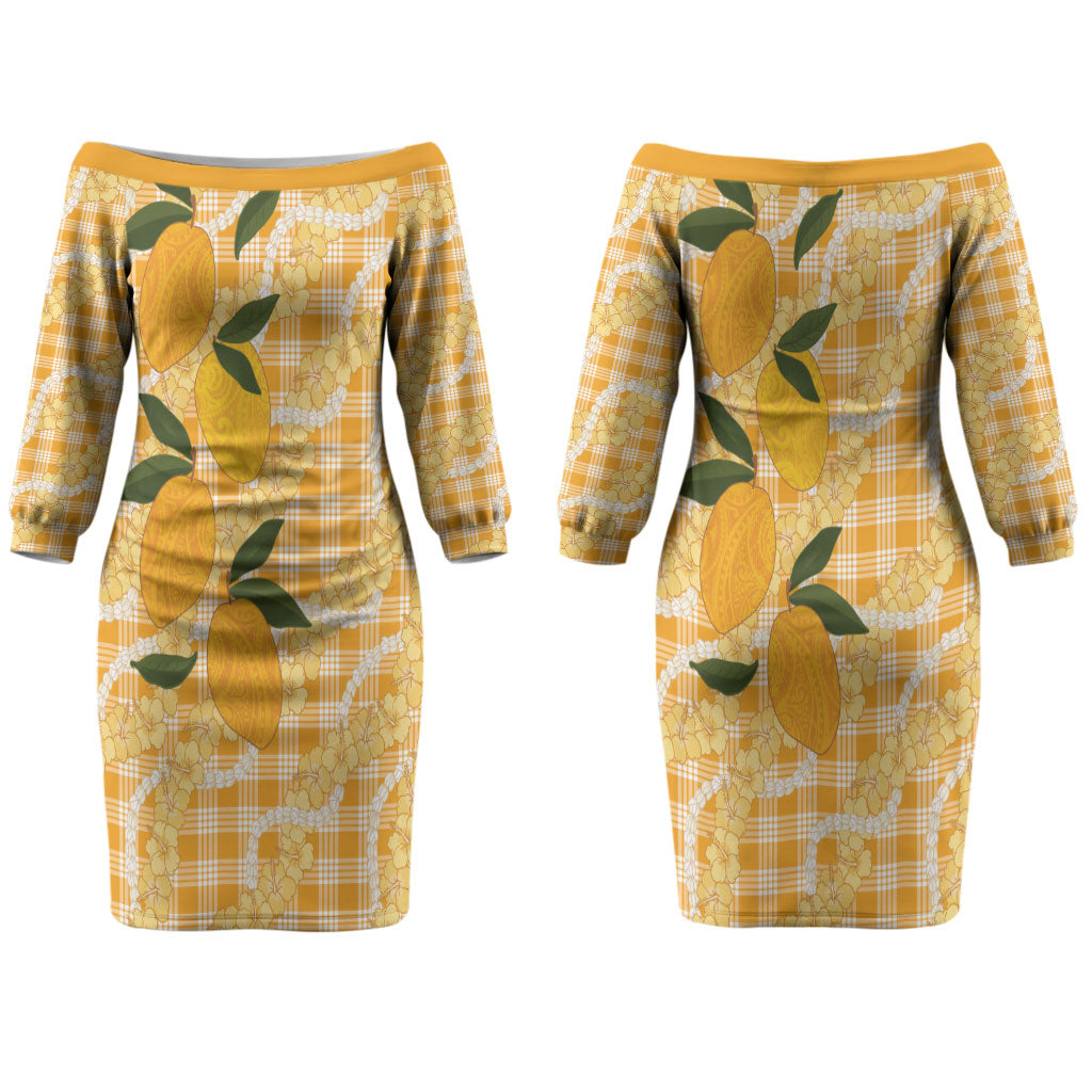 Alani Hawaiian Mango Palaka Couples Matching Off The Shoulder Long Sleeve Dress and Hawaiian Shirt Aloha Hibiscus Pikake Lei
