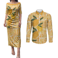 Alani Hawaiian Mango Palaka Couples Matching Puletasi and Long Sleeve Button Shirt Aloha Hibiscus Pikake Lei