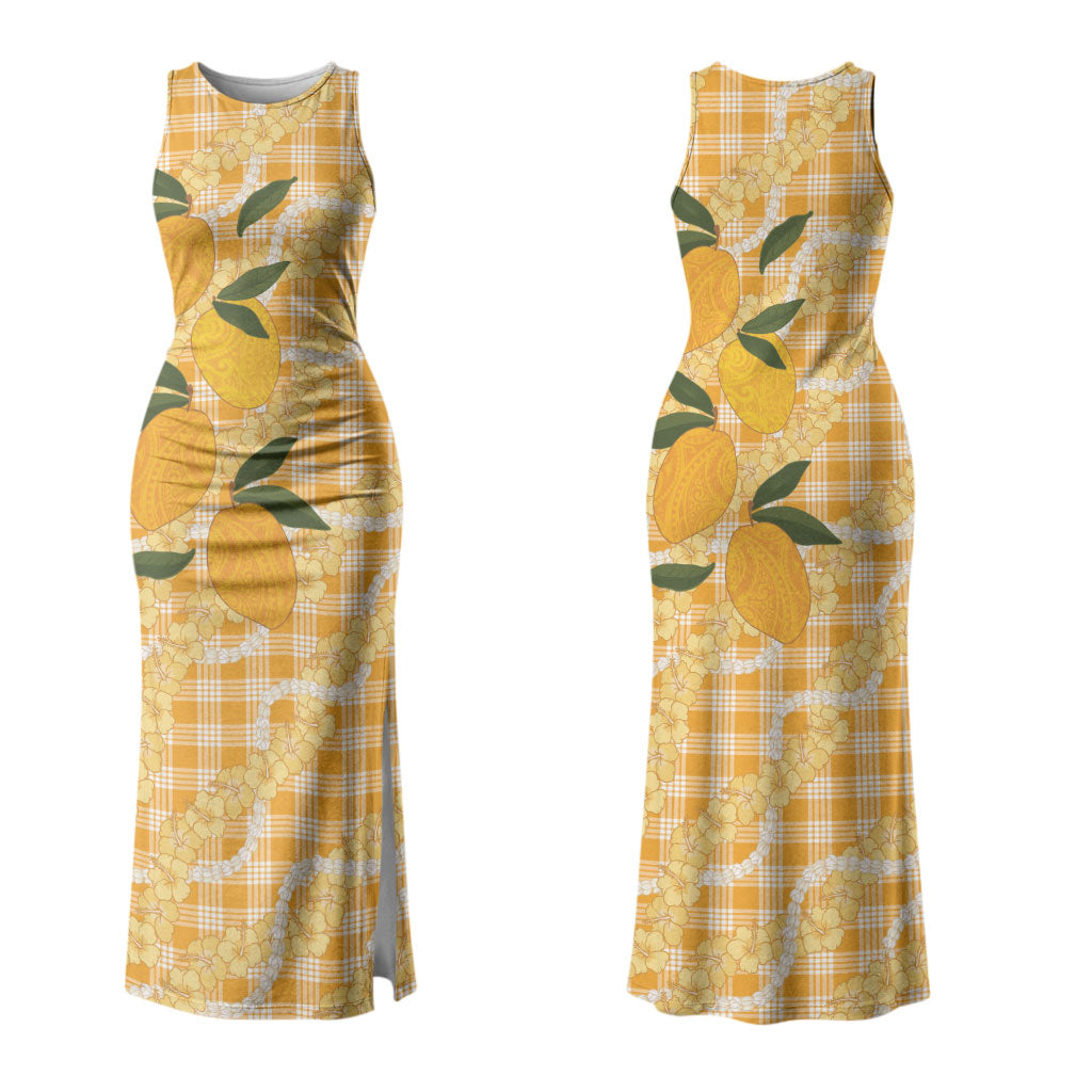 Alani Hawaiian Mango Palaka Couples Matching Tank Maxi Dress and Long Sleeve Button Shirt Aloha Hibiscus Pikake Lei