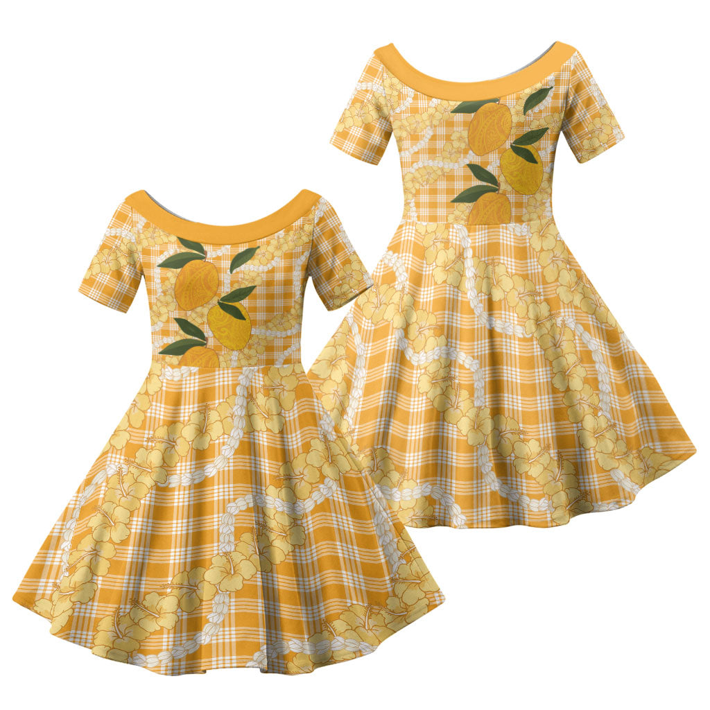 Alani Hawaiian Mango Palaka Family Matching Long Sleeve Bodycon Dress and Hawaiian Shirt Aloha Hibiscus Pikake Lei