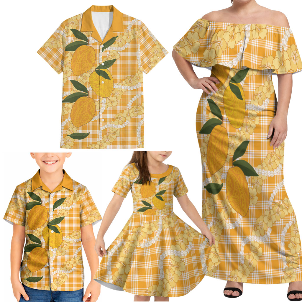 Alani Hawaiian Mango Palaka Family Matching Off Shoulder Maxi Dress and Hawaiian Shirt Aloha Hibiscus Pikake Lei