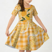 Alani Hawaiian Mango Palaka Kid Short Sleeve Dress Aloha Hibiscus Pikake Lei