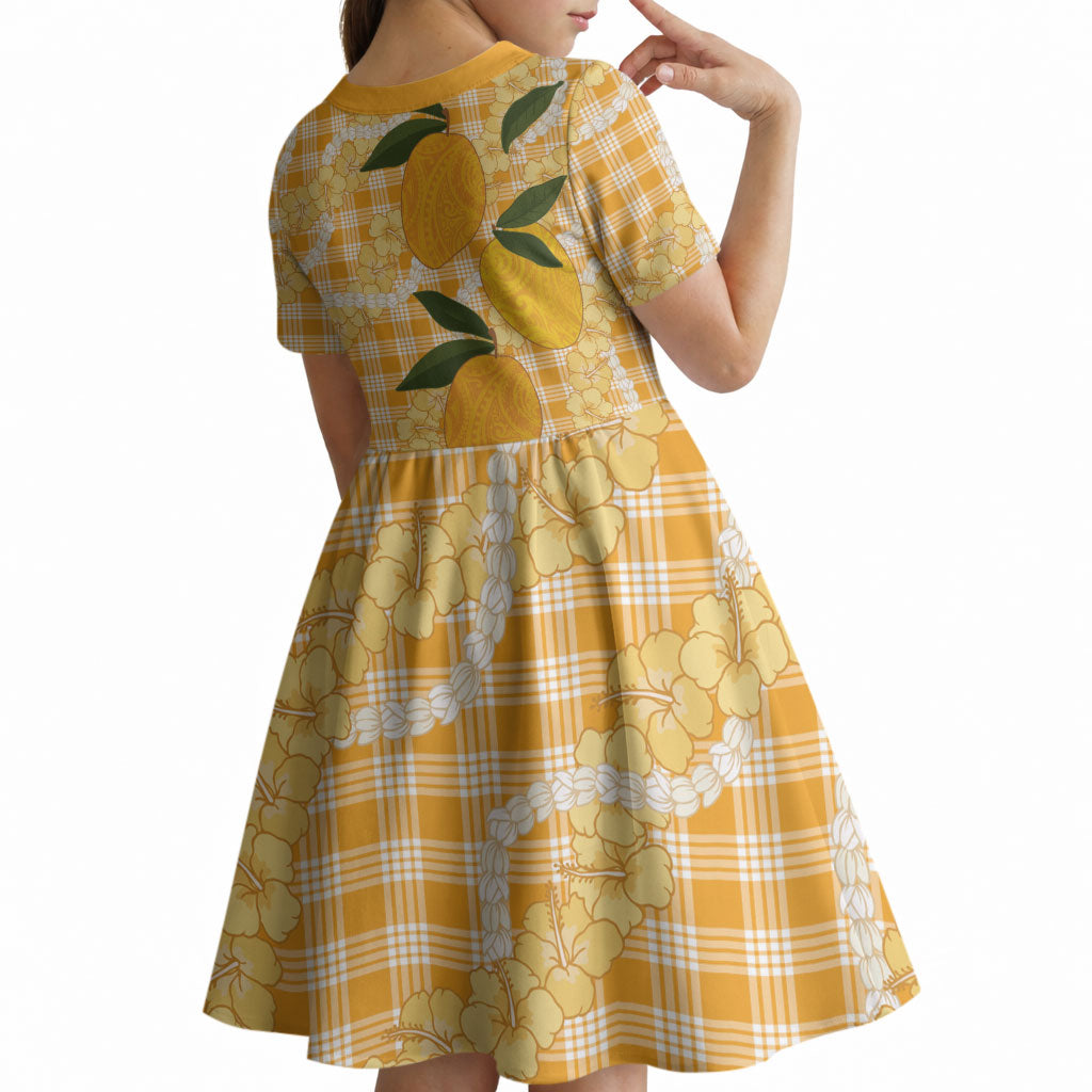 Alani Hawaiian Mango Palaka Kid Short Sleeve Dress Aloha Hibiscus Pikake Lei