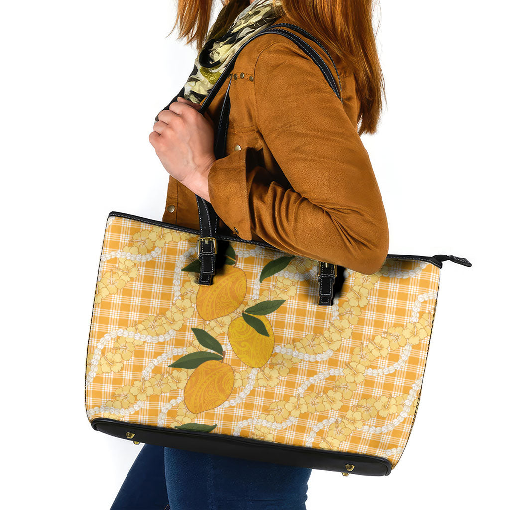 Alani Hawaiian Mango Palaka Leather Tote Bag Aloha Hibiscus Pikake Lei