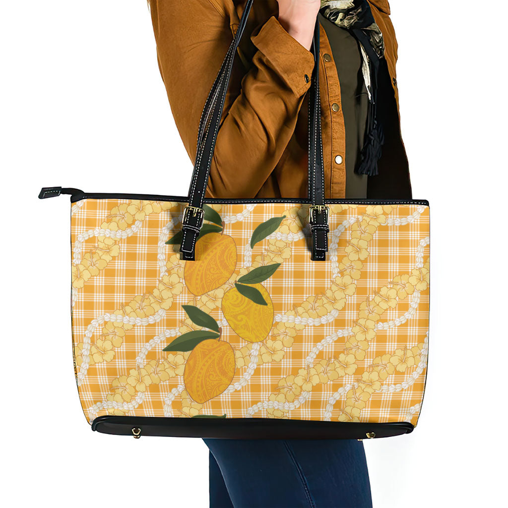 Alani Hawaiian Mango Palaka Leather Tote Bag Aloha Hibiscus Pikake Lei