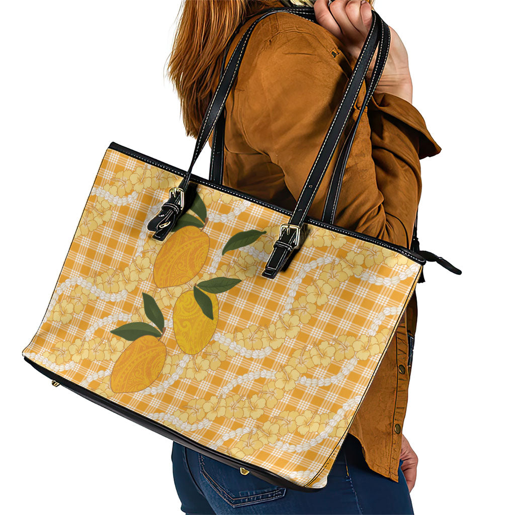 Alani Hawaiian Mango Palaka Leather Tote Bag Aloha Hibiscus Pikake Lei