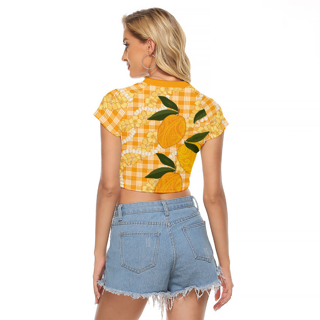 Alani Hawaiian Mango Palaka Raglan Cropped T Shirt Aloha Hibiscus Pikake Lei